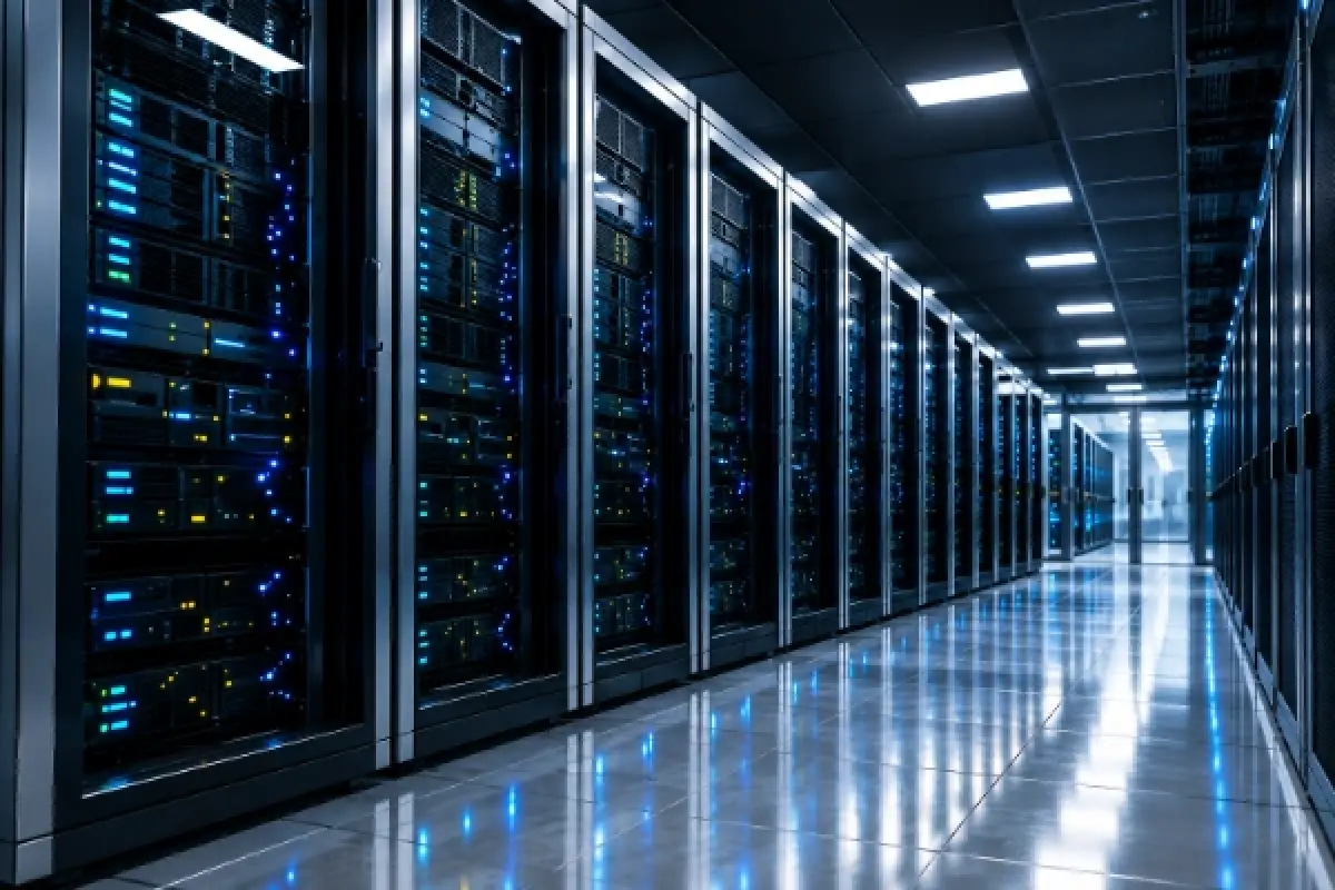 Rows of server racks illuminated inside a data center