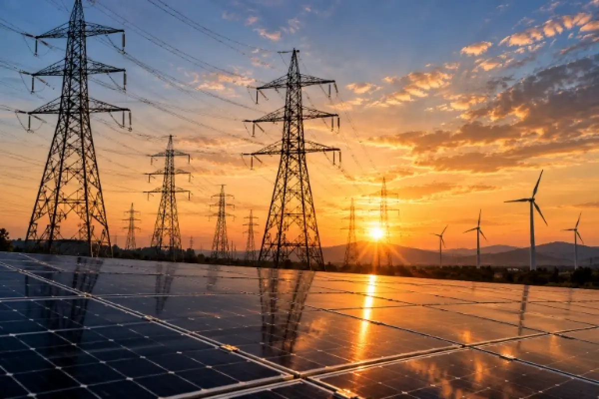 Transmission towers and solar array at sunset