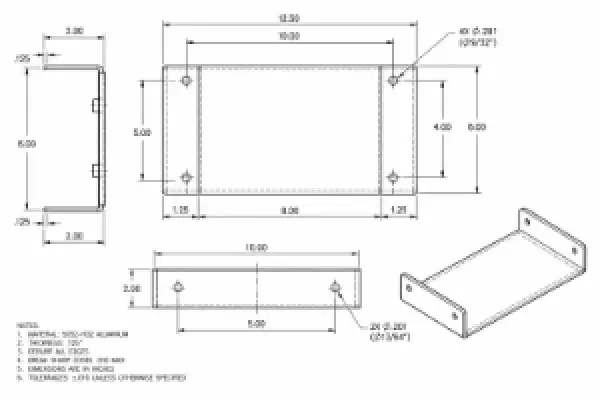Dimensioned engineering drawing of a formed aluminum bracket