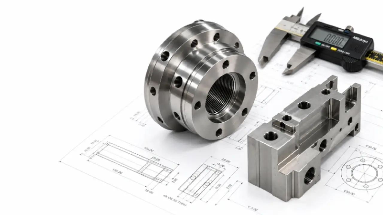 Precision machined components and calipers resting on engineering drawings