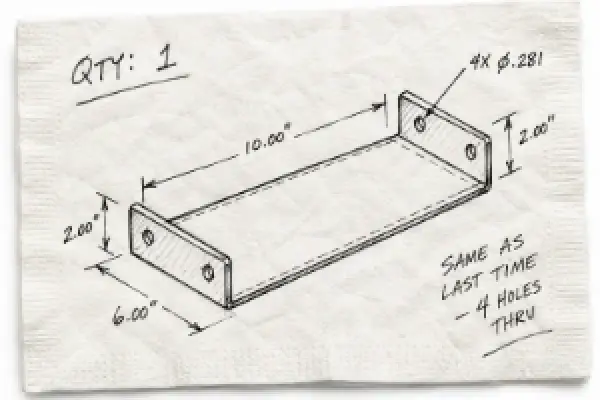 Hand-drawn napkin sketch of a bracket with dimensions and hole callouts