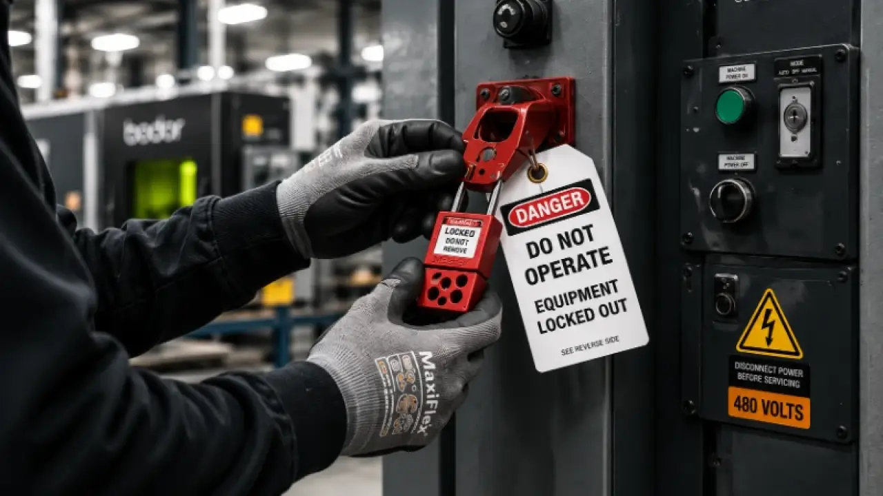 Gloved hands applying a lockout tagout device to a machine control panel