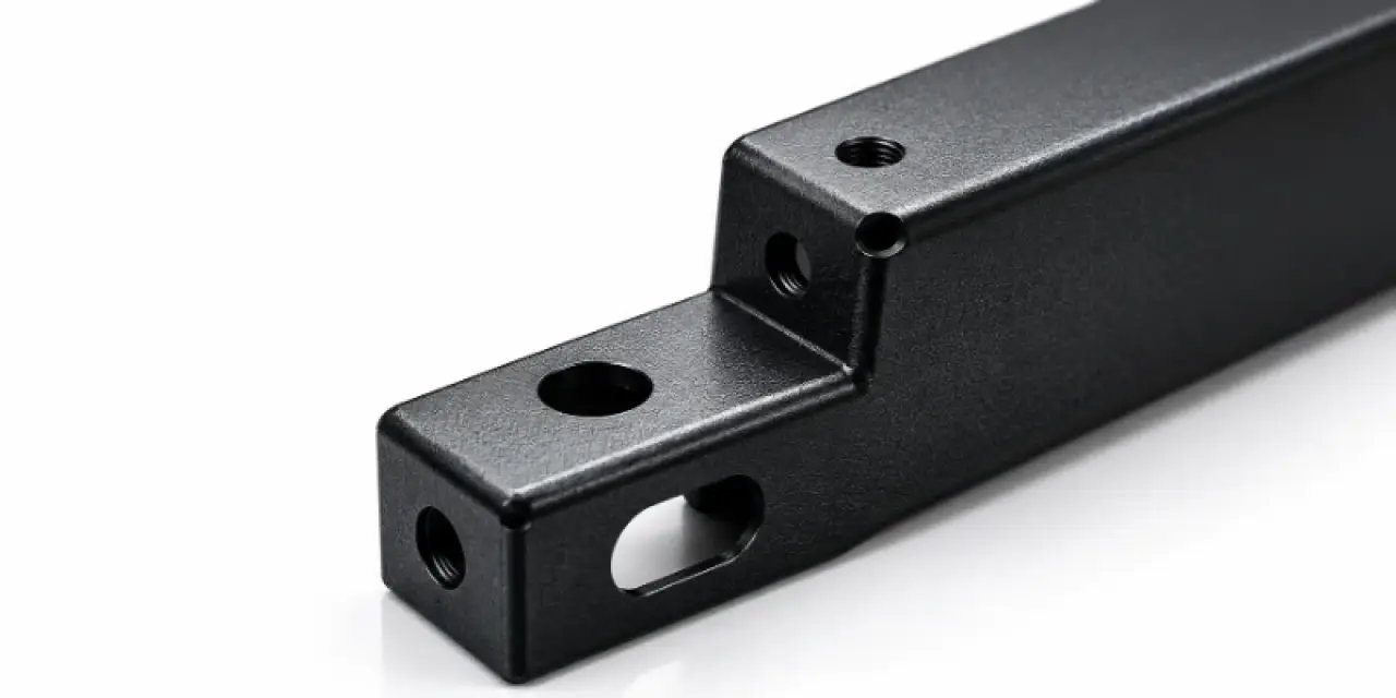 Formed steel part with a textured black powder coat finish