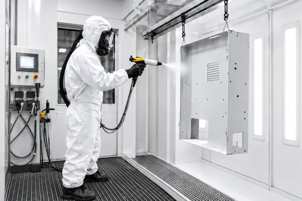 Technician in protective suit applying powder coating to a sheet metal enclosure in the spray booth