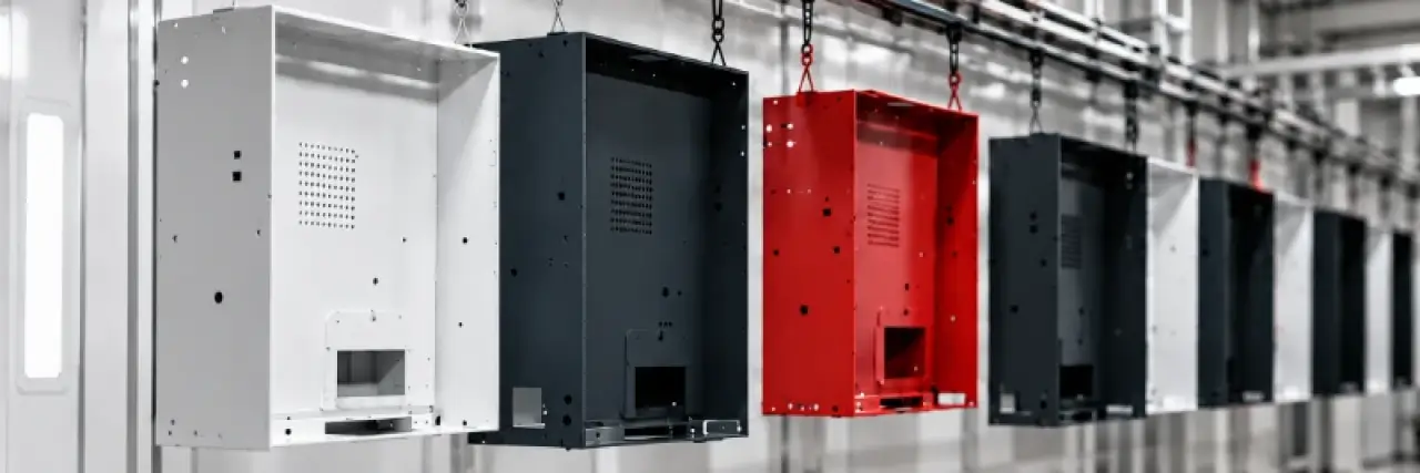 Row of powder coated enclosures hanging from the conveyor line in white, black and red finishes