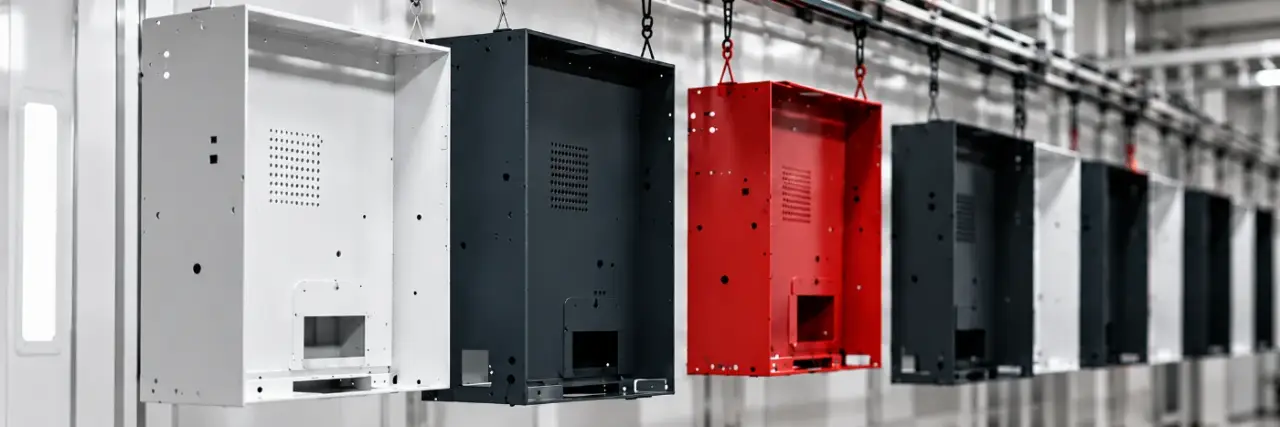 Row of powder coated enclosures hanging from the conveyor line in white, black and red finishes