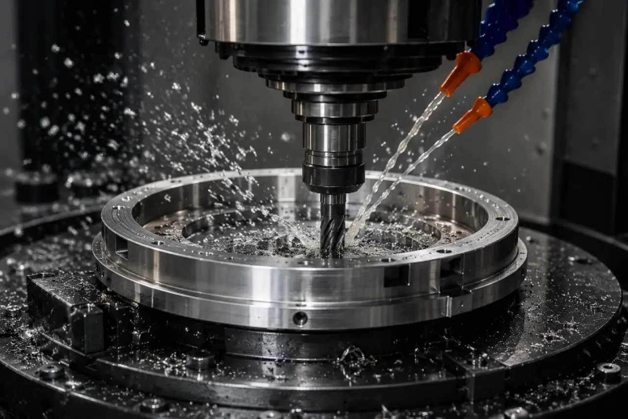 CNC mill cutting a precision component under coolant