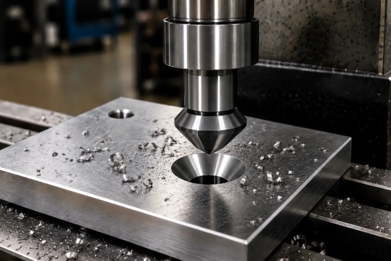Countersinking a fastener seat on a steel plate at the mill