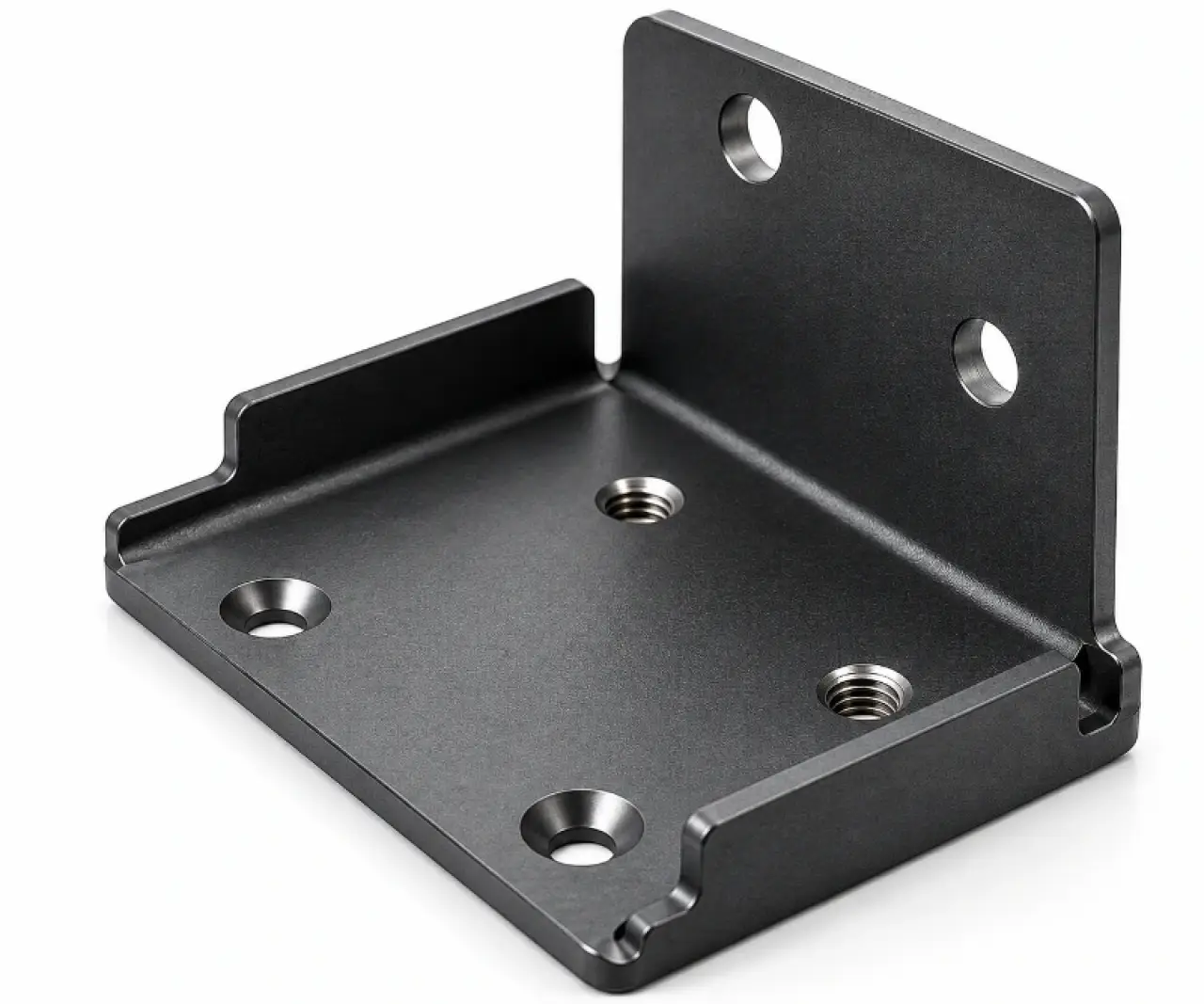 Black anodized bracket with tapped holes and countersunk fastener seats