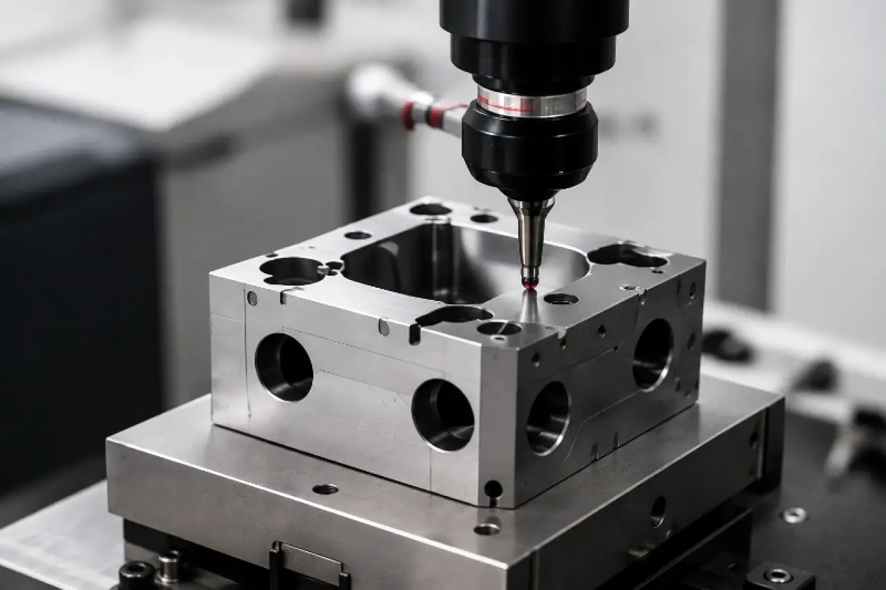 CMM probe inspecting a machined aluminum part