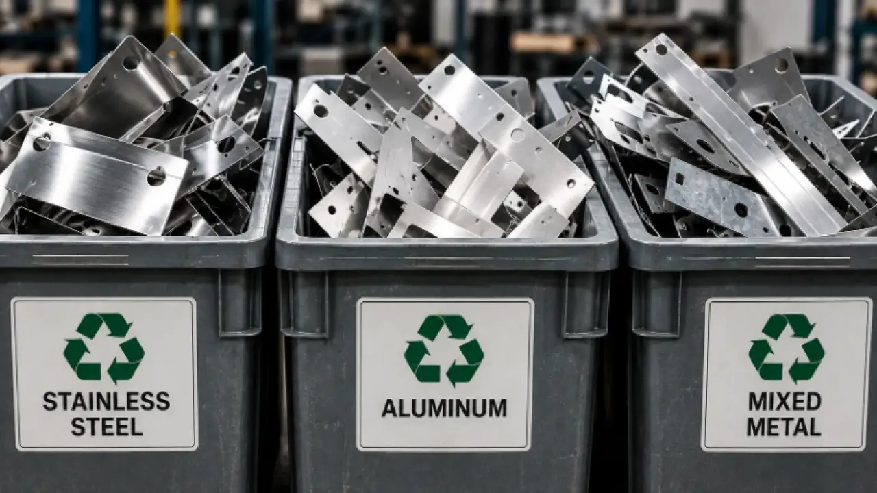 Labeled recycling bins separating stainless steel, aluminum and mixed metal offcuts
