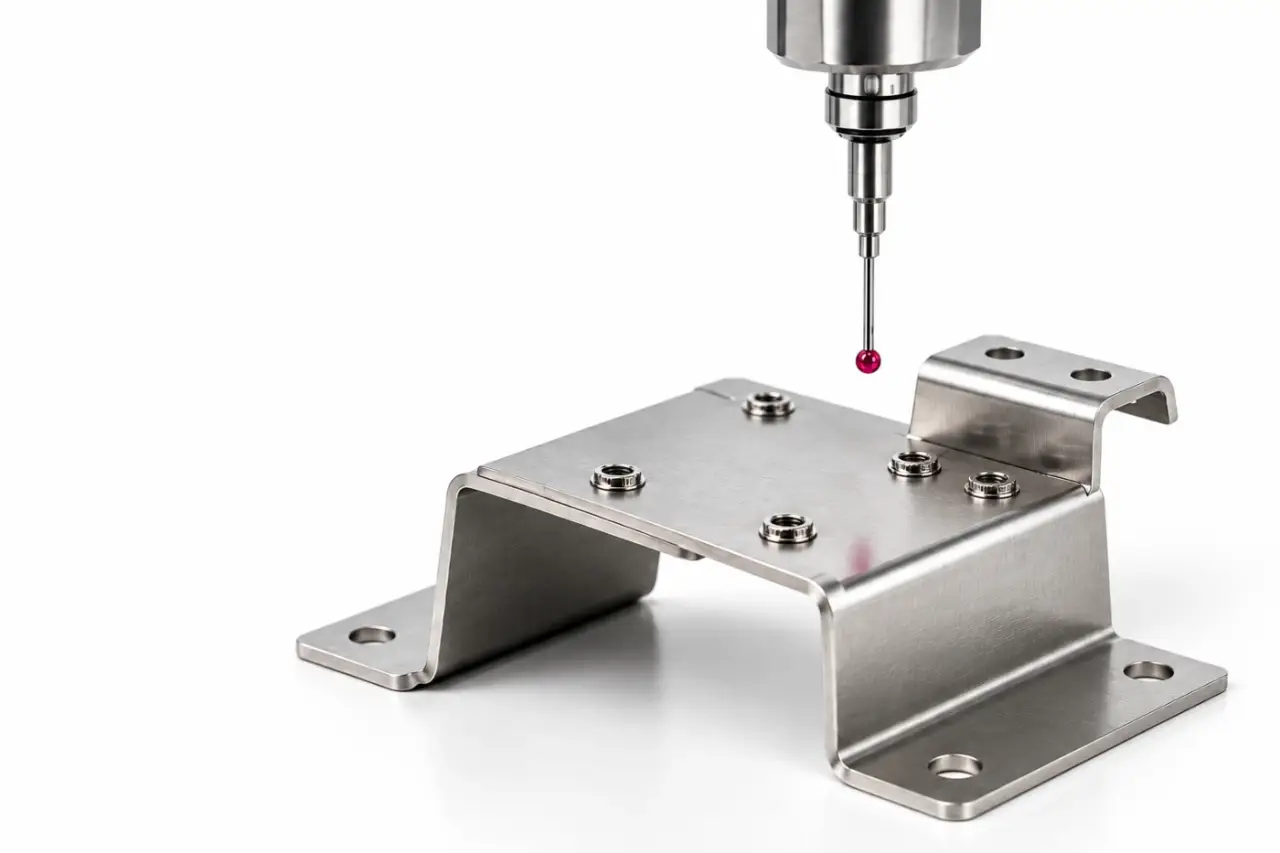 CMM probe measuring a stainless steel formed bracket on the inspection table