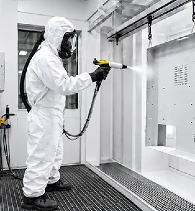 Person in protective gear spray-paints a metal panel in an industrial setting.