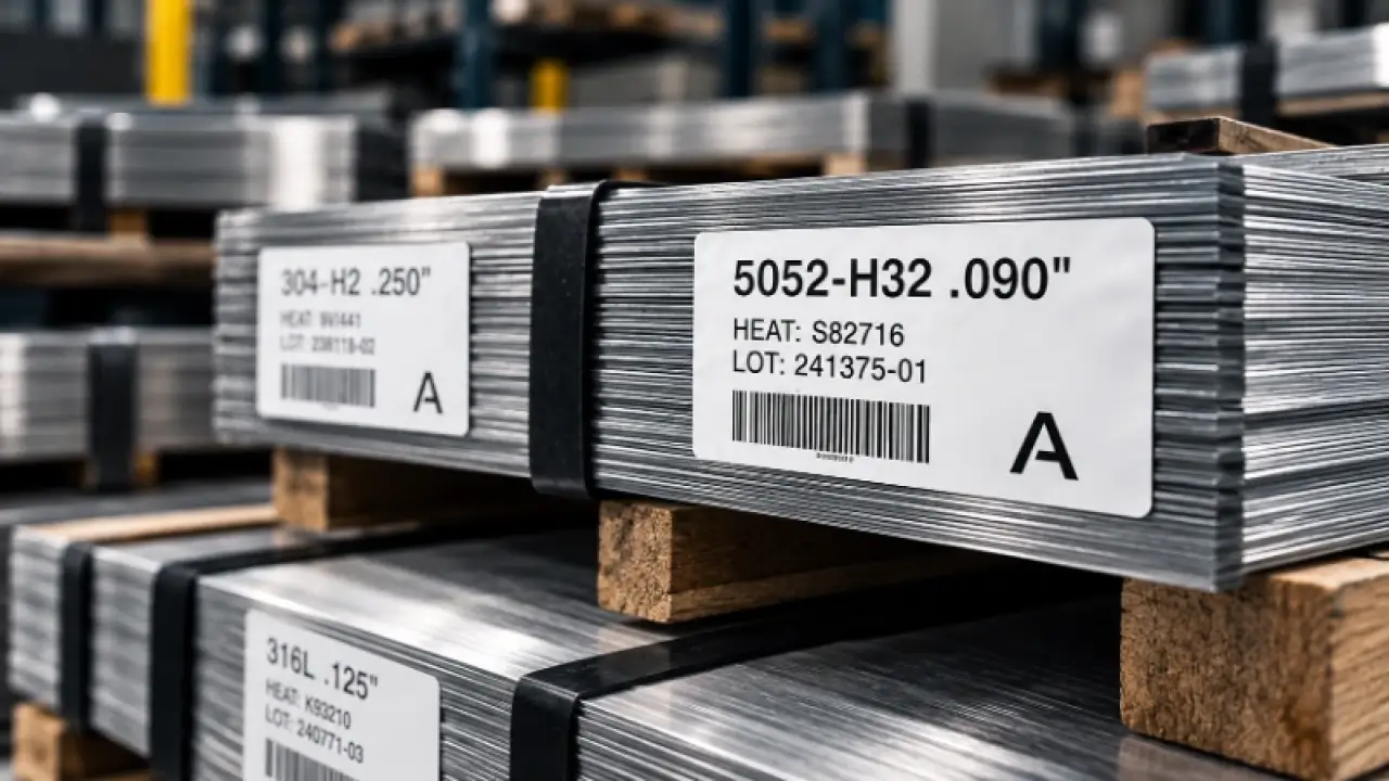 Sheet stock tagged with heat number, lot number and material certification labels