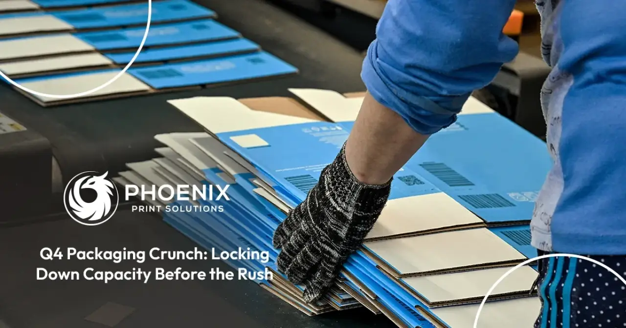 A person wearing gloves stacks blue cardboard boxes at a packaging facility workstation.