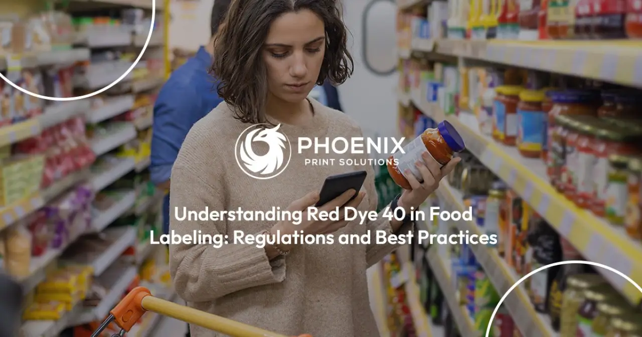 Woman reading a food label in a grocery store aisle, holding a phone and a jar.