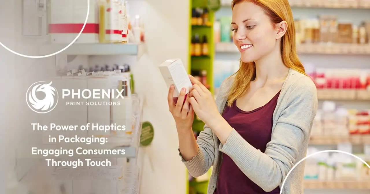 Woman smiling while examining a product box in a store; Phoenix Print Solutions text overlay.
