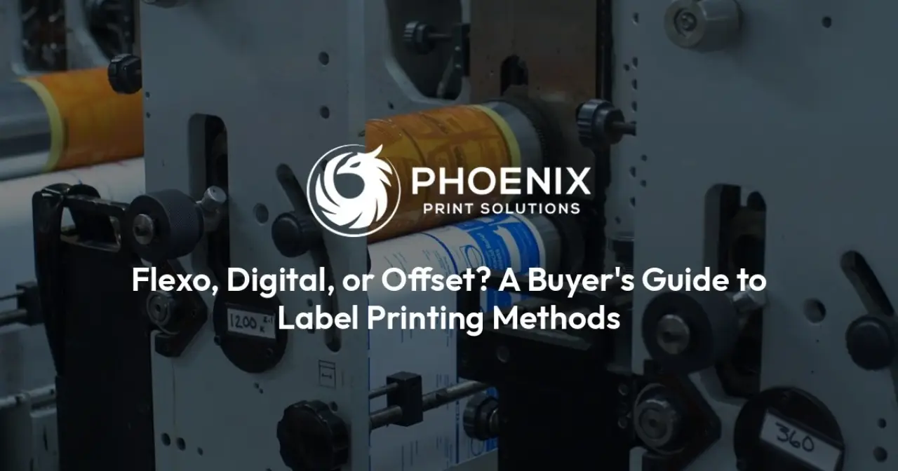 Closeup of a label printing machine with text about flexo, digital, and offset printing methods.