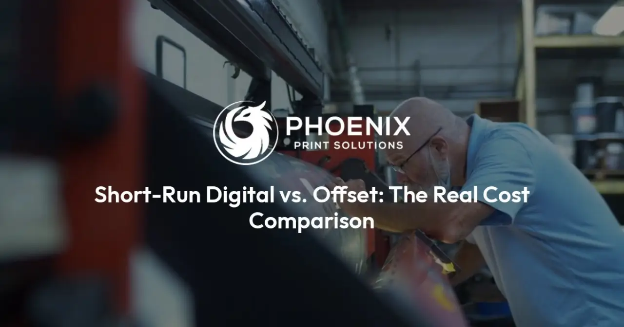 A man inspects printing equipment with the text: Short-Run Digital vs. Offset Cost Comparison.