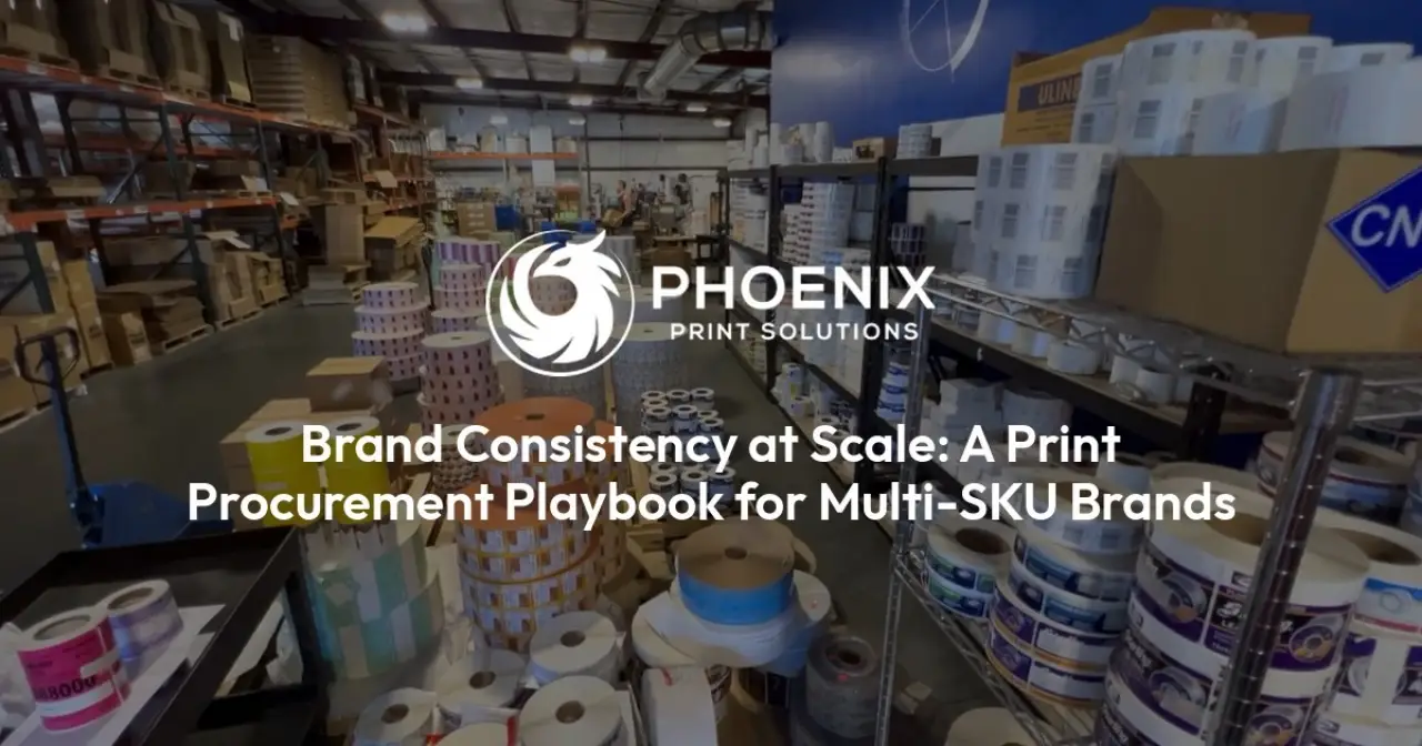 A print warehouse with shelves of labels and the text: Brand Consistency at Scale.