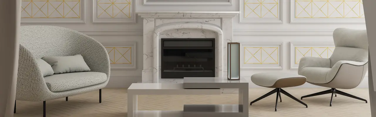 Modern living room with a marble fireplace, two armchairs, and a geometric coffee table.