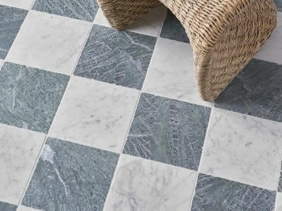 AKDO 10" x 10" Checkerboard in Carrara & Moss Green (Tumbled)