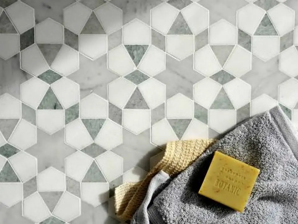 New Ravenna Medina Waterjet Mosaic in Polished Ming Green, Carrara and Honed Thassos
