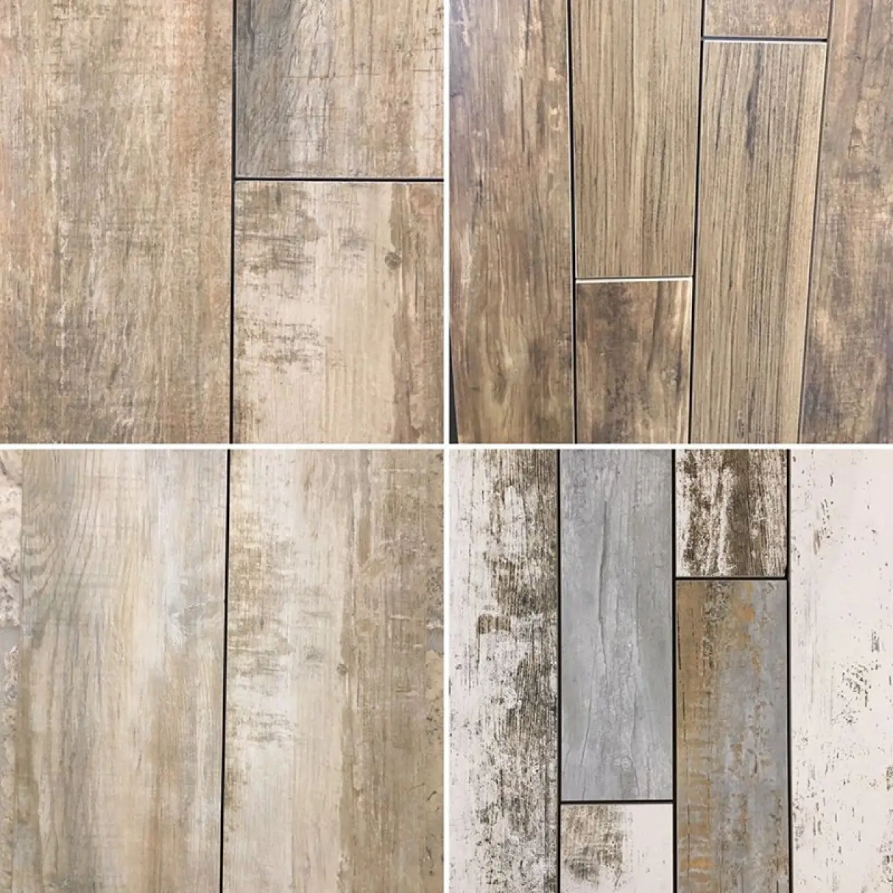 Four samples of distressed wood-look porcelain tile in varied plank patterns.