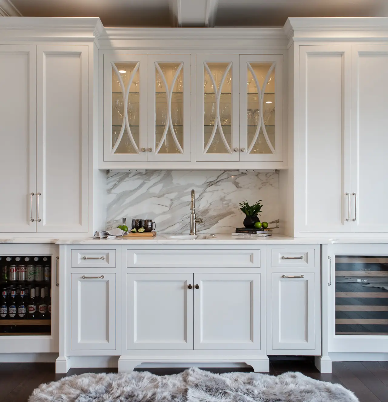 Model of white bathroom kitchen cabinets in a showroom.