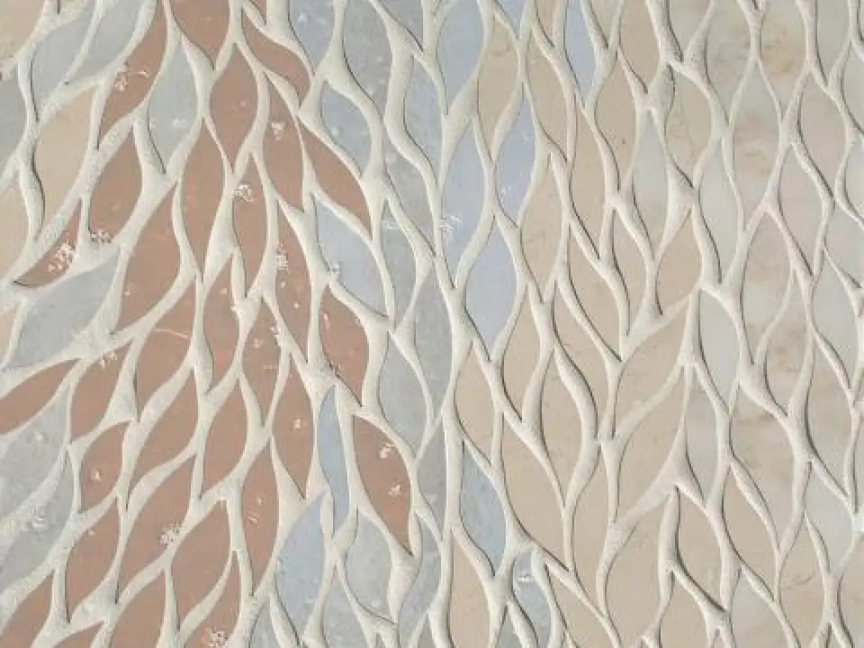 New Ravenna Cascade Stone Waterjet Mosaic in Primrose and Moonflower Glazed Basalto with Polished Rosa Pearl and Calacatta Monet