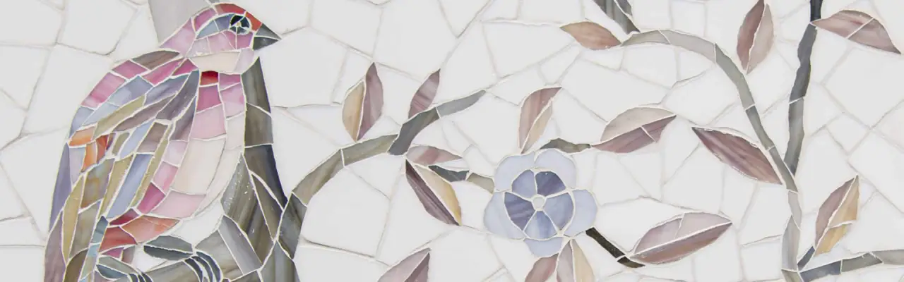 Mosaic art of a bird on a branch with leaves and a flower, set against a white background.
