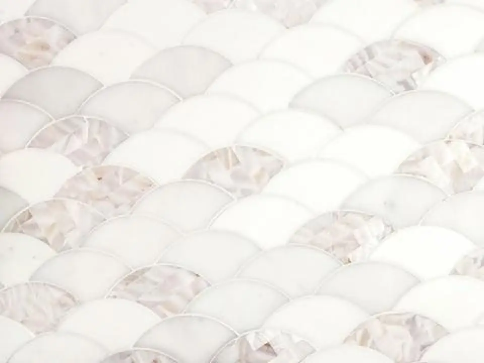 New Ravenna Abalone Waterjet Mosaic in Polished Shell, Dolomite and Afyon White