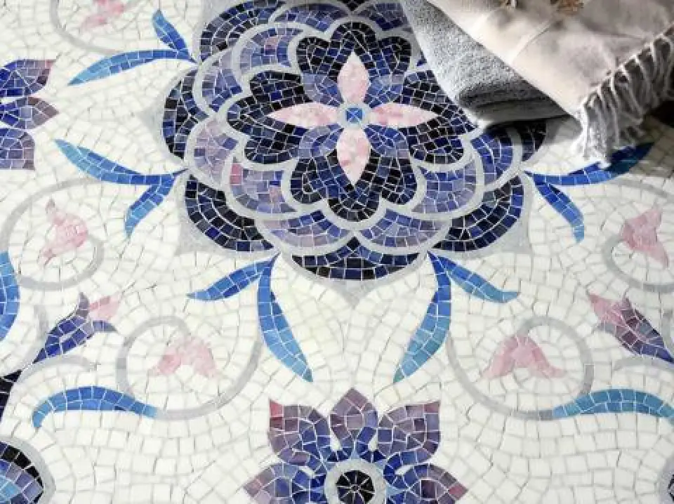 New Ravenna Aurelia Handmade Mosaic in Absolute White, Rhodolite, Amethyst, Rose Quartz, Pearl and Blue Spinel Sea Glass