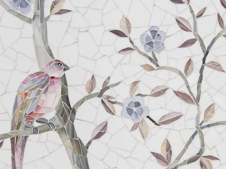 New Ravenna Chinoiserie Hand-Cut Glass Mosaic in Desert Rose Quartz with White Sea Glass