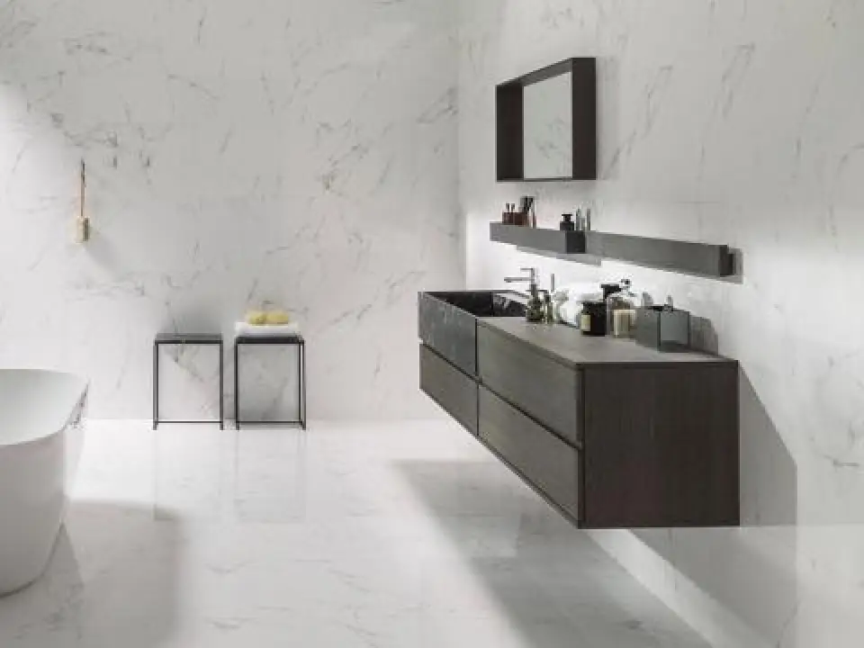Porcelanosa Marmol Carrara Blanco 33" x 59" Tile with a Gloss Finish and a Marble Effect