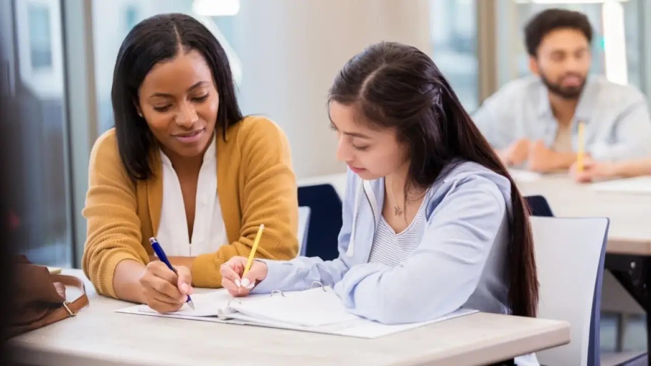 A High-Impact tutor and high- school student sit at a desk angled towards each other, both writing in a notebook.