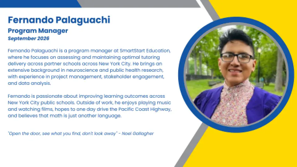 Headshot and written bio of employee who oversees in-person, high-impact tutoring programs and K-12 staffing.