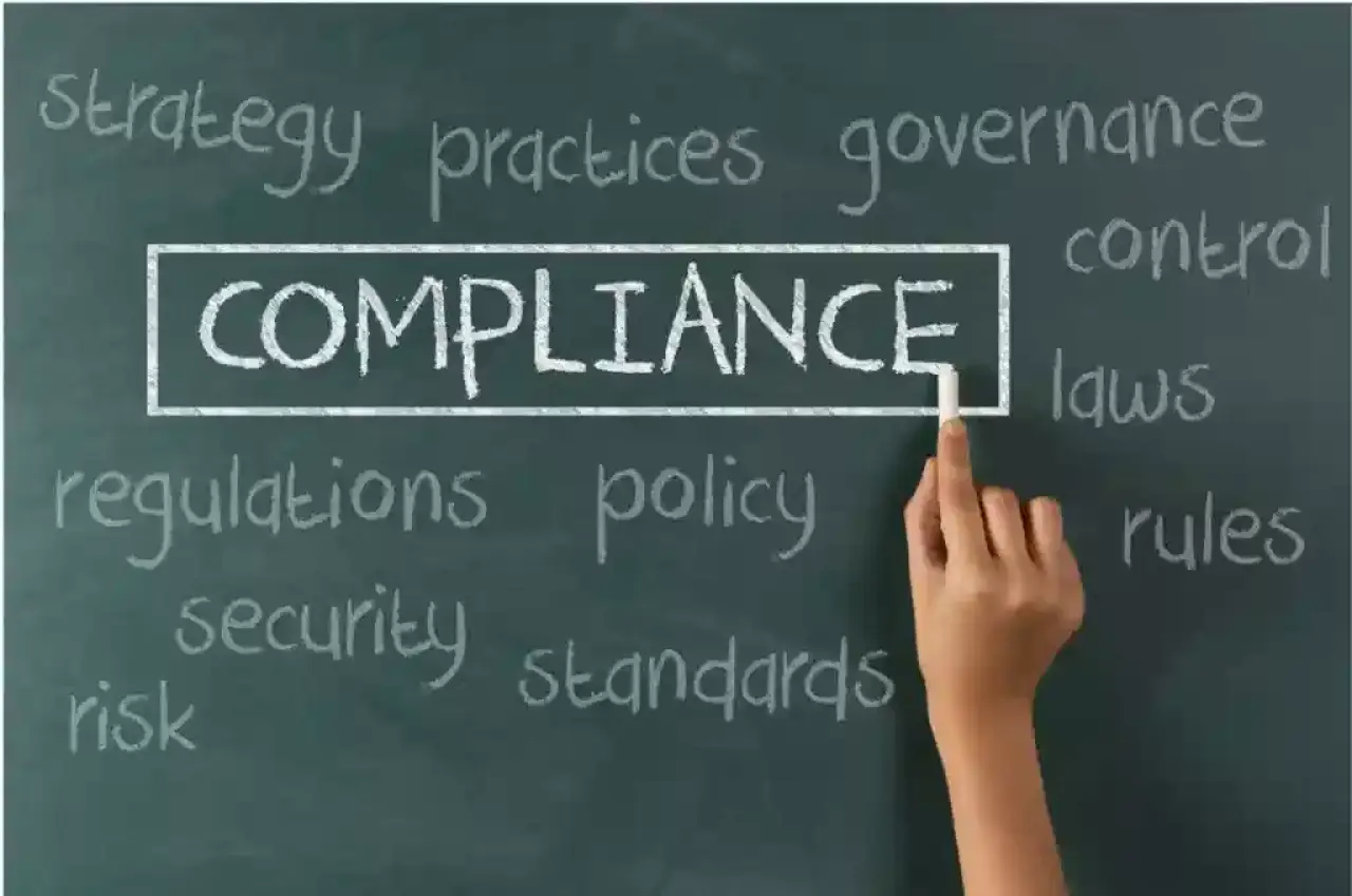 A hand points to the word "compliance" on a chalkboard, with other words faintly visible around it.