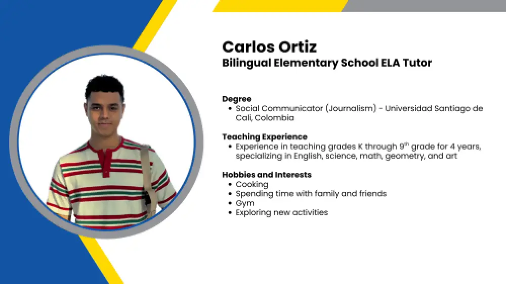 Image showing a SmartStart Education high-impact tutor with their headshot and a short written bio.