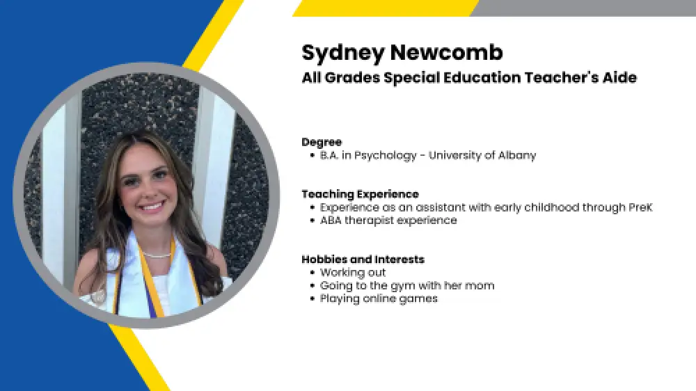 Image showing a SmartStart Education special education teacher's aide with their headshot and short written bio.