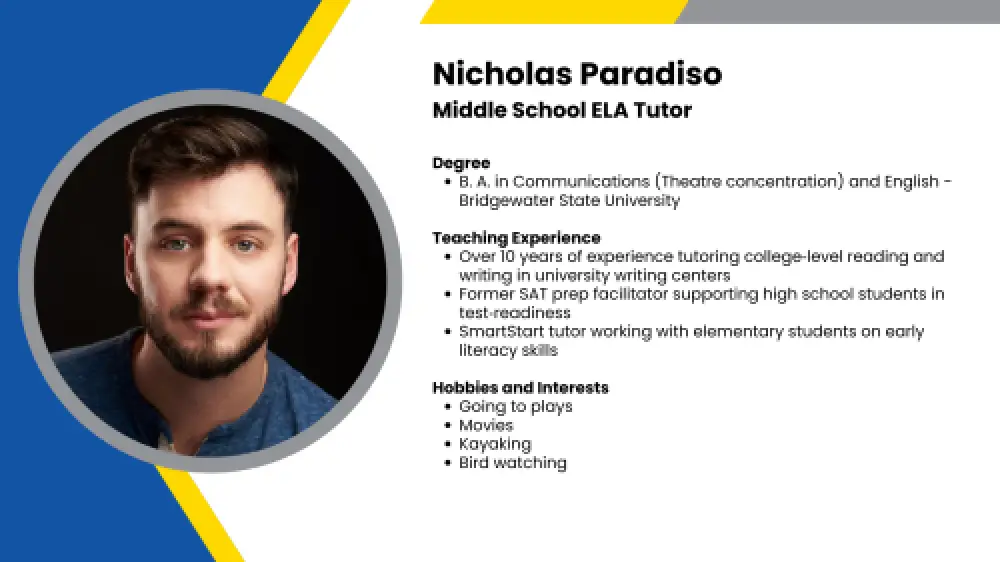 Image showing a SmartStart Education high-impact tutor with their headshot and short written bio.