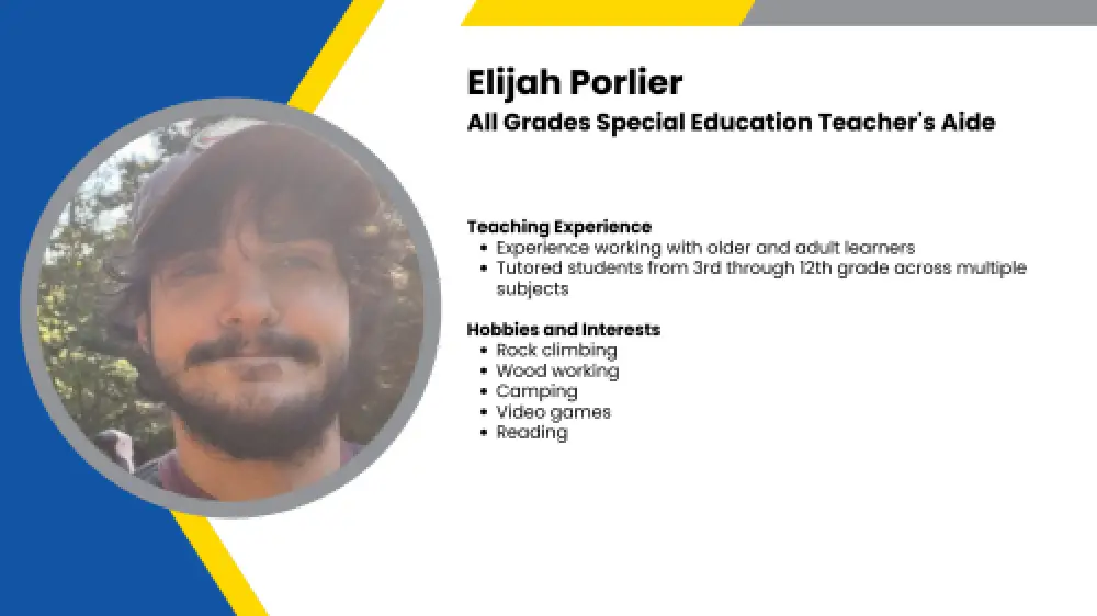 Image showing a SmartStart Education special education teacher's aide with their headshot and short written bio.
