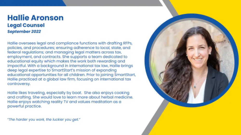 Headshot and written bio of employee who supports RFP and legal matters with SmartStart Education.