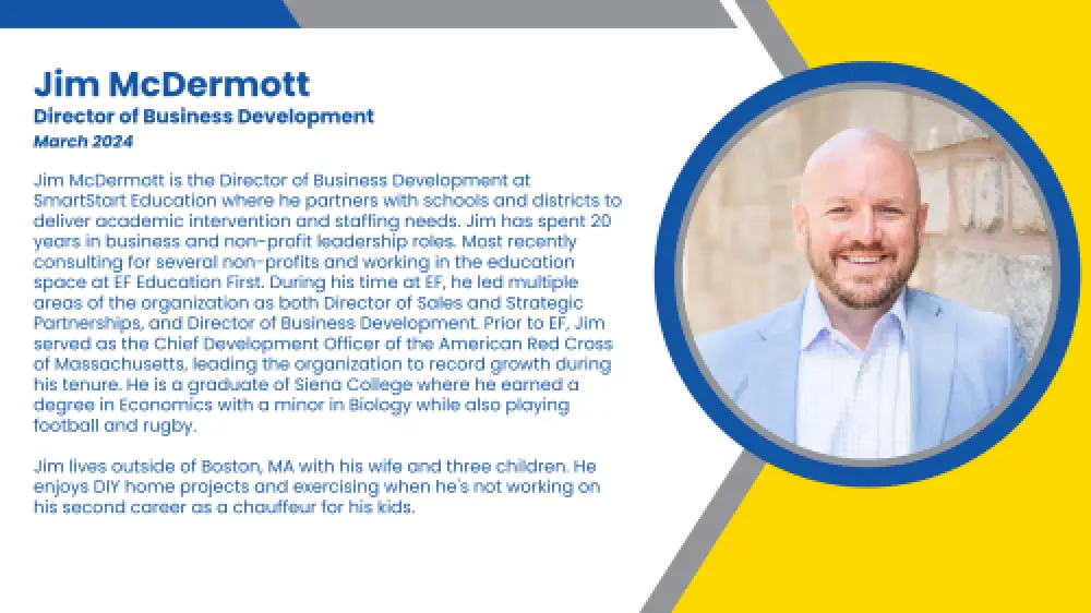 Headshot and written bio of employee who leads new partnership efforts between SmartStart Education and schools and districts.