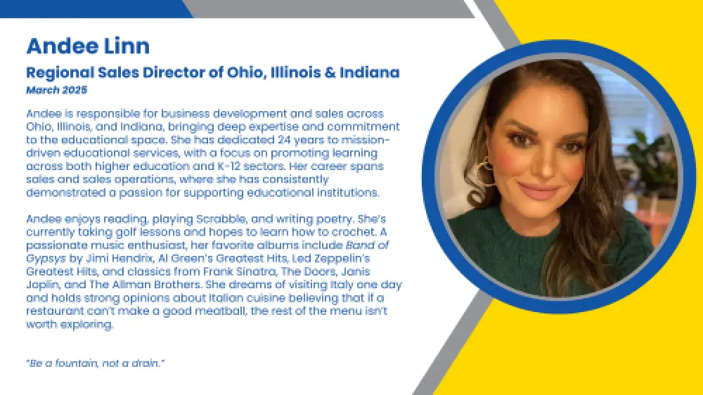 Written bio and headshot of employee who develops new relationships with districts and schools in Ohio, Illinois, and Indiana.