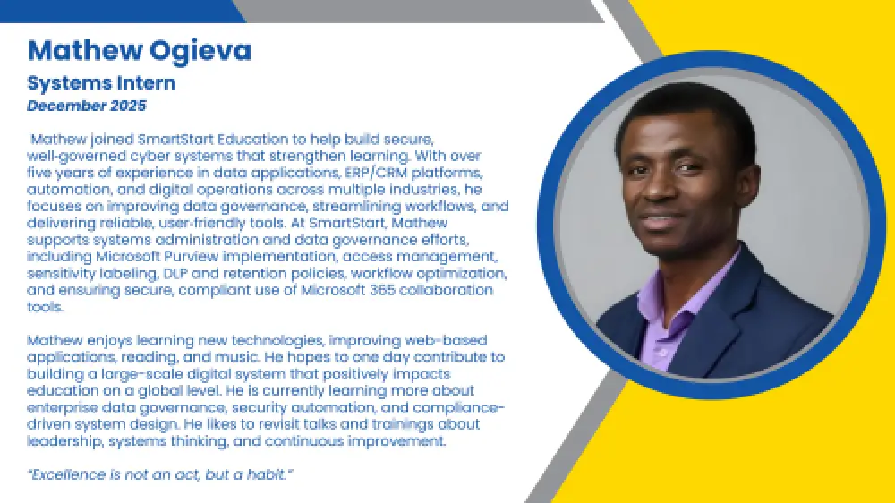 Headshot and written bio of an employee who supports backend system efforts within the organization.