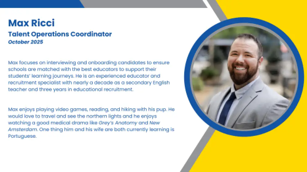 Headshot and written bio of employee who recruits, onboards, and provides HR support to high-impact tutors and teachers.