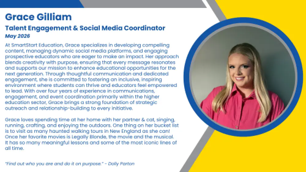 Headshot and written bio of an employee who spearheads social media outreach and interaction with new and current tutors and K-12 educational staff.