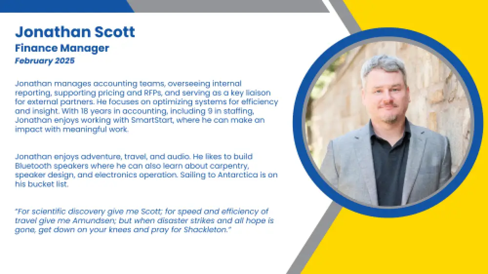 Headshot and written bio of employee who oversees finances of SmartStart Education.
