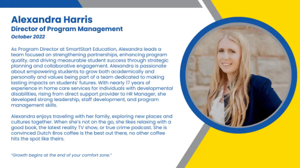 Headshot and written bio of employee who oversees high-dosage tutoring and K-12 staffing programs with SmartStart Education.
